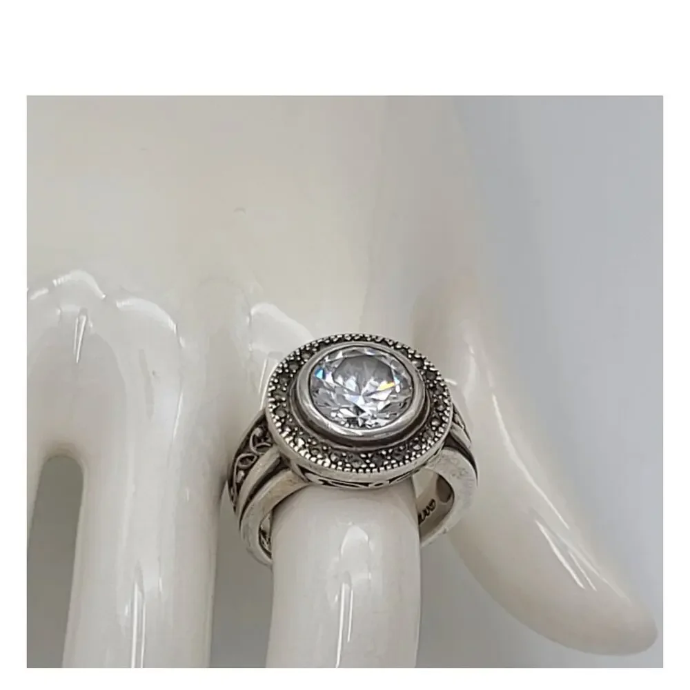 Vintage Sterling Silver Cushion Cut Cubic Zirconia Marcasite Ring Sz 8.5